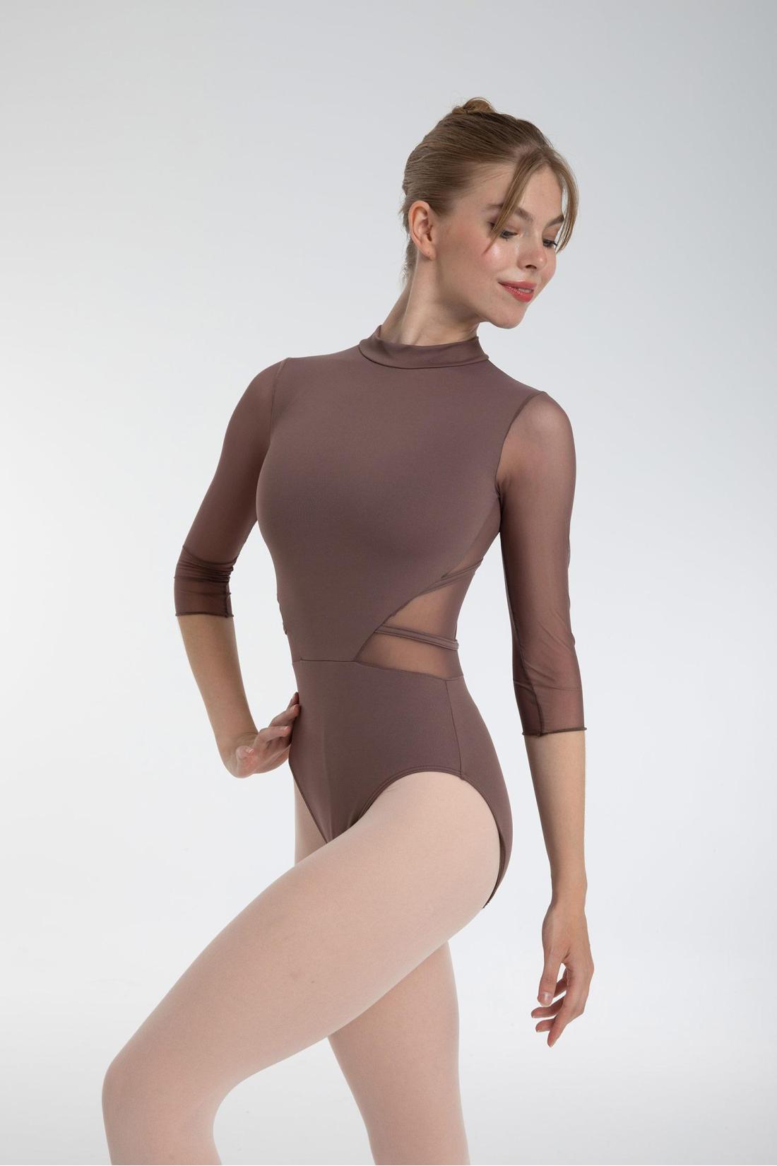 Adela Turtleneck 3/4 sleeve leotard with piping and mesh details Intermezzo ballet dance